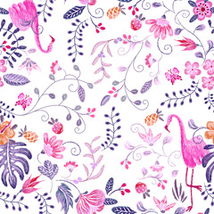 Embroidery seamless floral neckline pattern with flamingo and exotic flowers