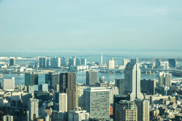 Obraz premium Aerial View Of Tokyo City Buildings Against Cloudy Sky