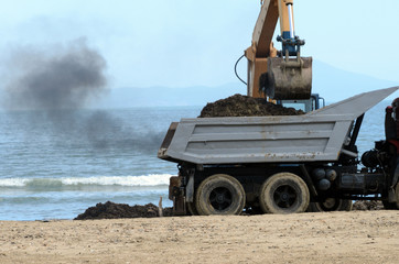 Garbage removal from the coast by an excavator 