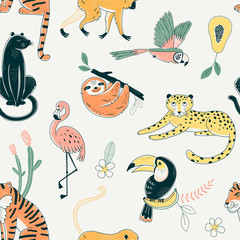 Jungle animals color vector seamless pattern. Flamingo, parrot, tiger background. Flora and fauna. Wild nature. Birds and predators. Decorative animal  textile, wallpaper, wrapping paper design © AngellozOlga