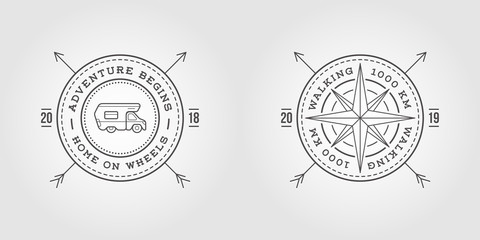 Naklejka premium Set of Camper Car Logo Design Template and Wind Rose Star. Home on Wheels. Adventure Family Expedition. Vector.
