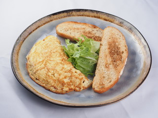 Plate of breakfast with fried eggs and toasts