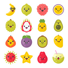 Cute smiling exotic fruits. Kawaii tropical fruit characters. Isolated colorful vector icon set