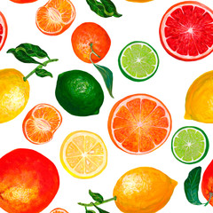 Obraz premium Citrus fruit organic food seamless pattern. Hand drawn seamless pattern with bright fresh fruits on white background. Oranges, tangerines, lemons and limes. Textured acrylic drawing. Assorted citrus.