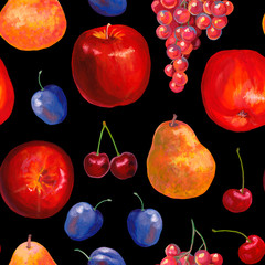 Beautiful hand drawn pattern with apples, pears, grapes, plums, cherries. Fruit organic food seamless pattern. Collection with bright fresh fruits on black background. Textured acrylic drawing.