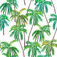 Beautiful acrylic seamless floral summer pattern with palm trees. Perfect for wallpapers, web page backgrounds, surface textures, textile. Acrylic paint texture on white background. 