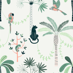 Jungle life vector color seamless pattern. Panther and parrot background. Rainforest, jungle fauna, flora. Tropical plants, palms, liana. Decorative botanical textile, wallpaper, wrapping paper design © AngellozOlga