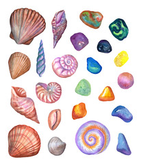 Watercolor set of isolated marine objects, shells, mollusks and colored stones. Delicate colored illustrations. 