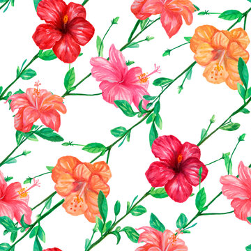 Watercolor tropical floral seamless pattern. Hawaiian hibiscus red, pink flowers and branch with leaves. Bright and beautiful flowers on a white background.