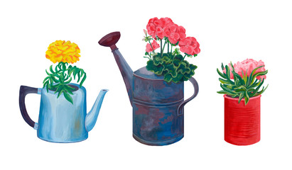 Household things are filled with a variety of garden plants. Acril hand drawn painting illustration, isolated on white background. Can be used as texture for cards, invitations or for any other design