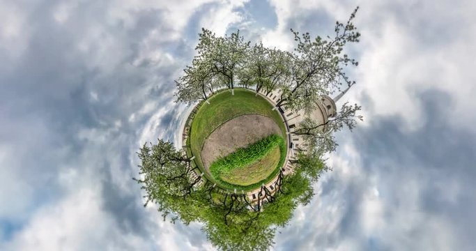 NO VR. Little planet Transformation with curvature of space. Abstract torsion and spinning of full flyby panorama of landscape in apple orchard garden with dandelions. falling drone