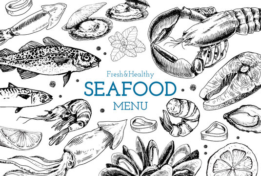 Seafood vintage menu in sketch style