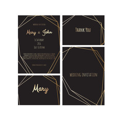 Wedding Invitation, invite card design with Geometrical art lines, gold foil border, frame.