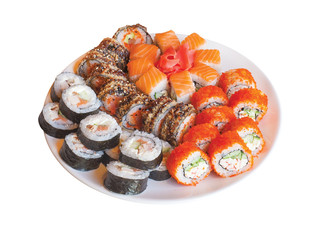 Set of japanese rolls sushi on plate. isolated