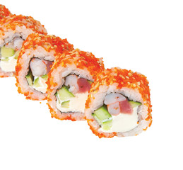Japanese raw classic sushi rolls with rice fish cheese. isolated
