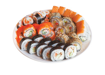 Set of japanese rolls sushi on plate. isolated