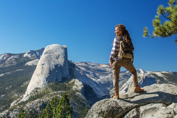 Fototapeta premium Happy hiker visit Yosemite national park in California