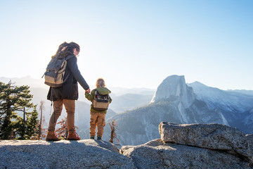 Mother with  son visit Yosemite national park in California