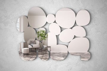 Modern mirror in the shape of pebbles hanging on the wall reflecting interior design scene, bright living room with armchair, minimalist architect designer concept idea