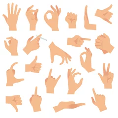 Fotobehang Flat hand gestures. Pointing human finger gesture, open hand signal. Arm communication attention signs vector collection © YummyBuum