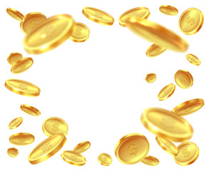 Gold coin explosion. Raining golden coins. Cash back, prize game splash. Jackpot, money lotto casino, wealth success 3d vector concept