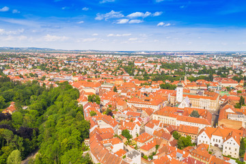 Fototapeta premium Aerial view on Upper town and st Mark church in Zagreb, red roofs and palaces of old baroque center, political center of Croatia