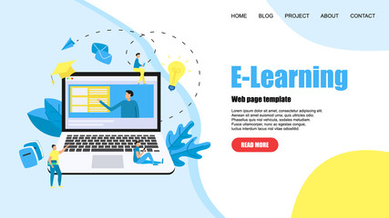 Webpage template with Online education or web course with distance teacher. E-learning concept