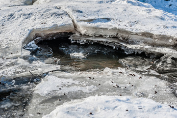 Spring thawed patch in the ice of the river. Frozen ice and snow by the river side. Natural background. Long exposure.