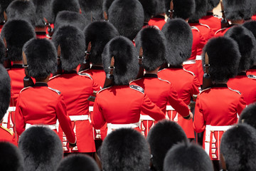 Close up of soldiers marching at the Trooping the Colour military parade at Horse Guards, London...