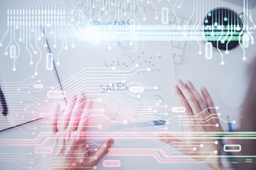 Man hands with data theme double exposure icons.