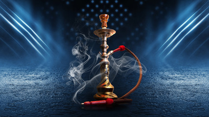 Hookah, smoke on a dark abstract background. Background of empty scenes with neon lights, the reflection of night lights on wet pavement
