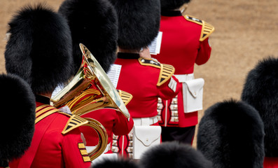 Trooping the Colour, military parade at Horse Guards, London UK, with musicians from the massed...