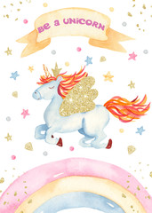 Fototapeta premium Watercolor card with cute kids cartoon unicorn. Great for baby shower, birthday, greeting cards, invitations, children's rooms.