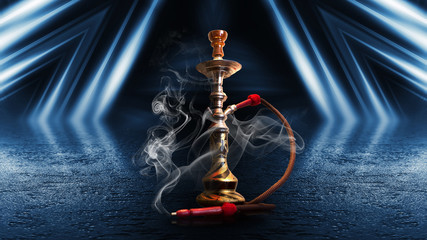 Hookah, smoke on a dark abstract background. Background of empty scenes with neon lights, the reflection of night lights on wet pavement