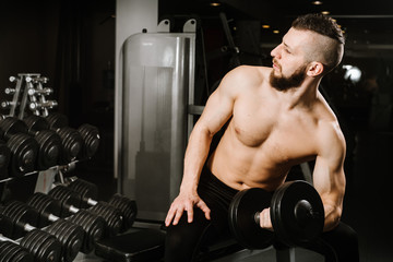 Fototapeta na wymiar Strong man sitting and lifting dumbbells in the gym