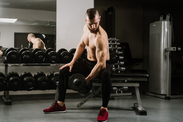 Fototapeta premium Strong man sitting and lifting dumbbells in the gym