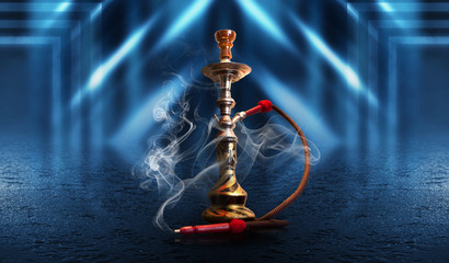 Hookah, smoke on a dark abstract background. Background of empty scenes with neon lights, the...