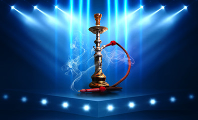Hookah, smoke on a dark abstract background. Background of empty scenes with neon lights, the...