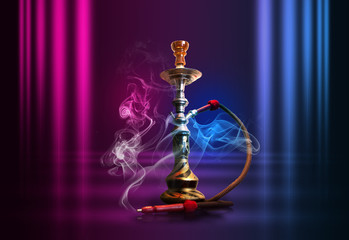 Hookah, smoke on a dark abstract background. Background of empty scenes with multicolored neon...