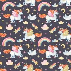Printed kitchen splashbacks Unicorn Watercolor seamless pattern with cute cartoon romantic unicorn, rainbow, stars, clouds. Texture for baby design, wallpaper, scrapbooking, prints, clothing, fabrics, textiles, baby shower.