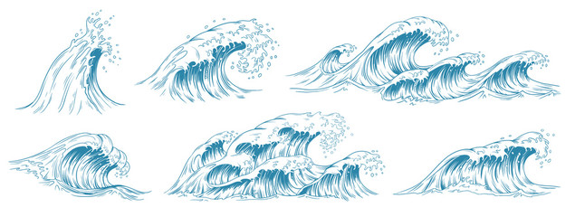 Fototapeta Sea waves sketch. Storm wave, vintage tide and ocean beach storms hand drawn vector illustration set obraz