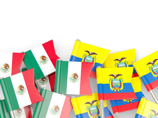 Pins with flags of Mexico and ecuador isolated on white.