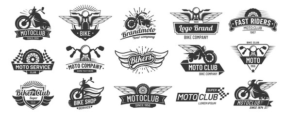 Motorcycle badges. Bikers club emblems, motorbike custom repair and wheel wings badge. Retro motorcycles motor emblem vector set - obrazy, fototapety, plakaty