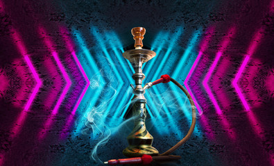 Hookah, smoke on a dark abstract background. Background of empty scenes with multicolored neon...
