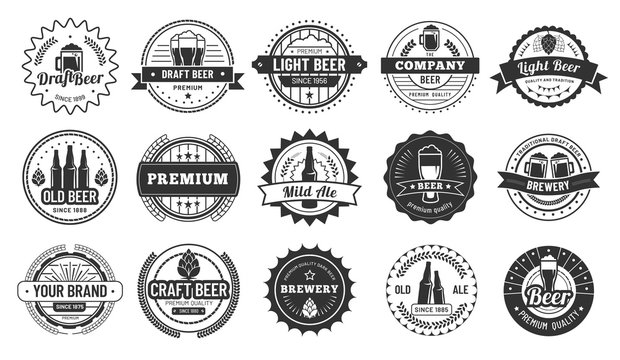 Beer badges. Beers pub, lager bottle and hipster craft beer badge isolated vector illustration set