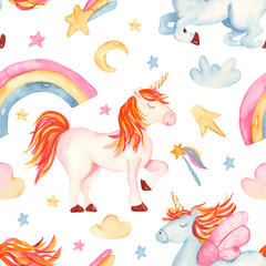 Watercolor seamless pattern with cute cartoon romantic unicorn, rainbow, stars, clouds. Texture for baby design, wallpaper, scrapbooking, prints, clothing, fabrics, textiles, baby shower. © MarinaErmakova