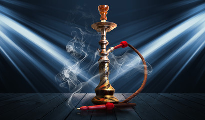 Hookah, smoke on a dark abstract background. Background of empty scenes with neon lights, the...
