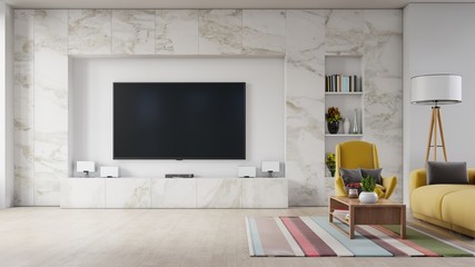 Modern living room interior sofa and armchair ,TV on cabinet in modern living room with lamp,table,flower and plant on marble wall background,3d rendering
