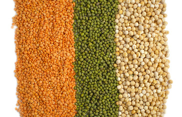 Lentils, peas, corn grits. Bright food  background. Healthy food