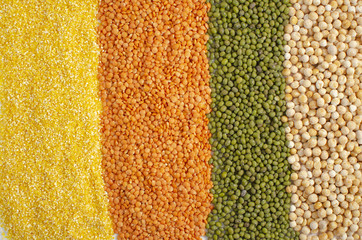 Lentils, peas, corn grits. Bright food  background.